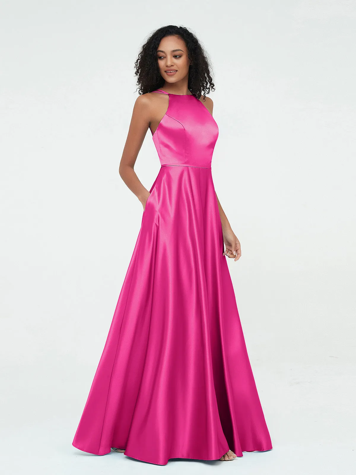 A-ligne Robes Maxi à Licou en Satin avec Poches Fuchsia Grande Taille