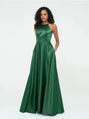 A-ligne Robes Maxi à Licou en Satin avec Poches Vert Foncé
