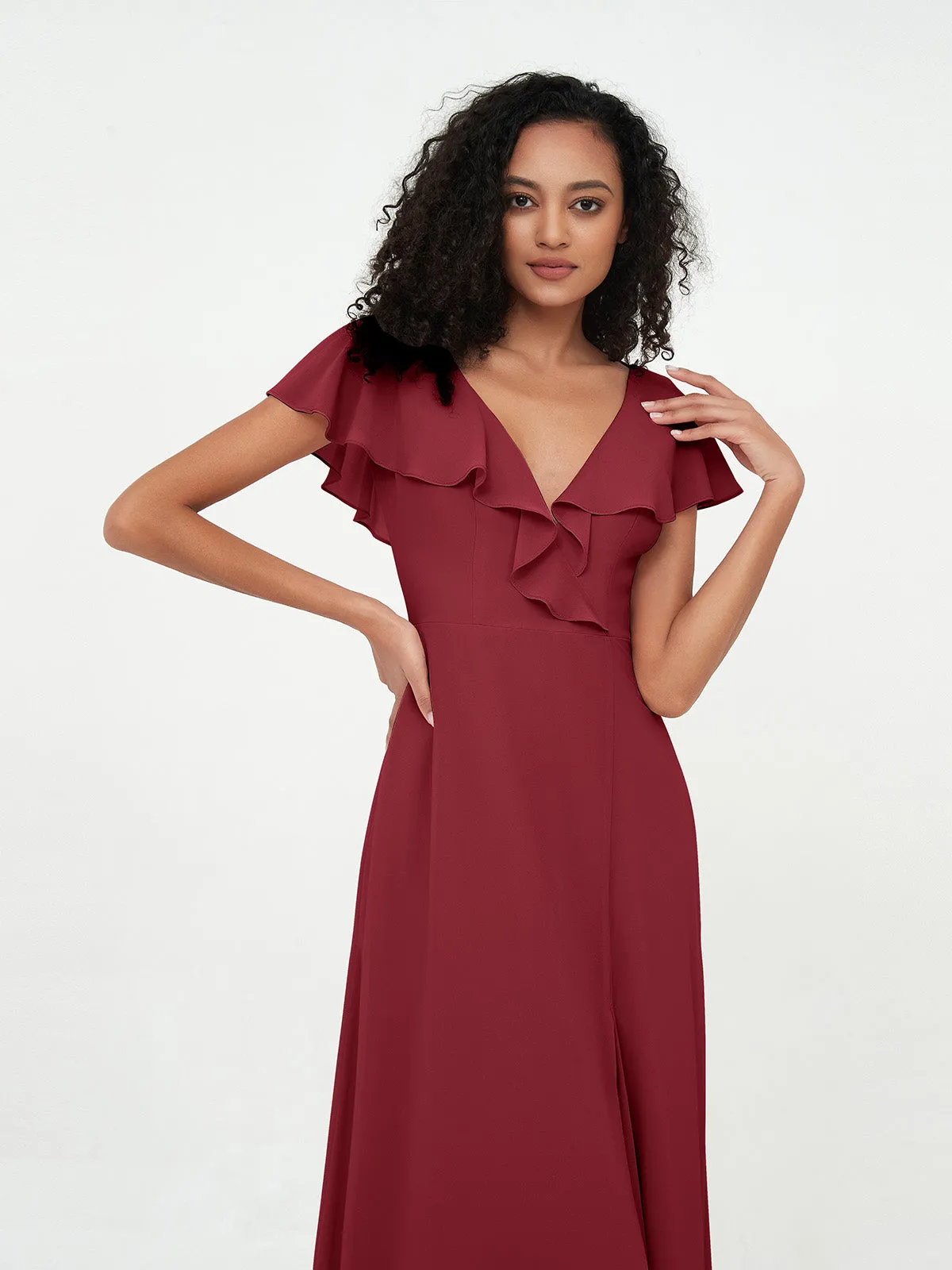 A-ligne Robes à Col en V en Mousseline avec Poches Bordeaux