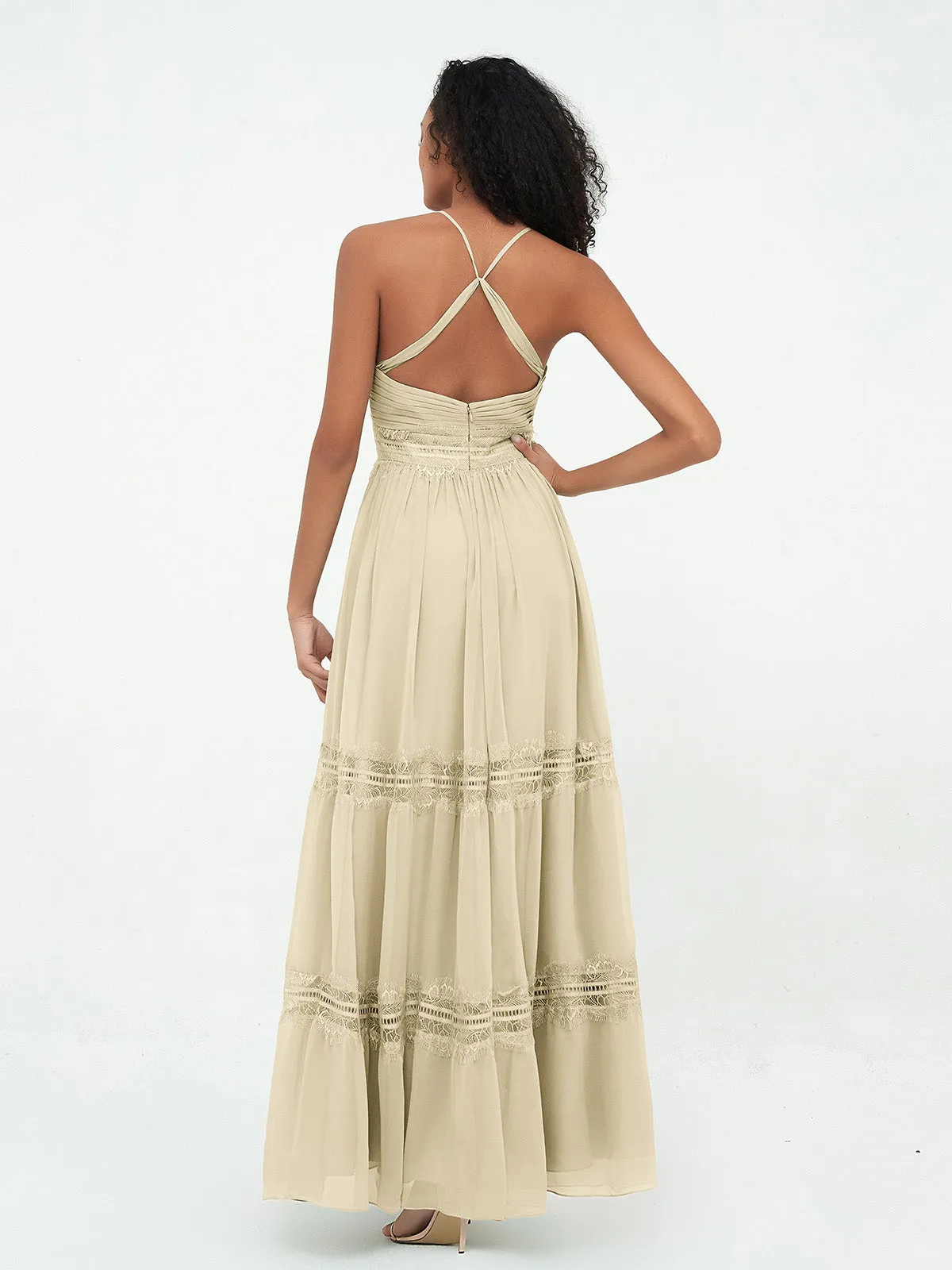 Boho Robes Jupe à Plusieurs Niveaux en Dentelle et Mousseline Champagne Grande Taille