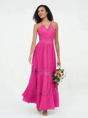 Boho Robes Jupe à Plusieurs Niveaux en Dentelle et Mousseline Fuchsia Grande Taille