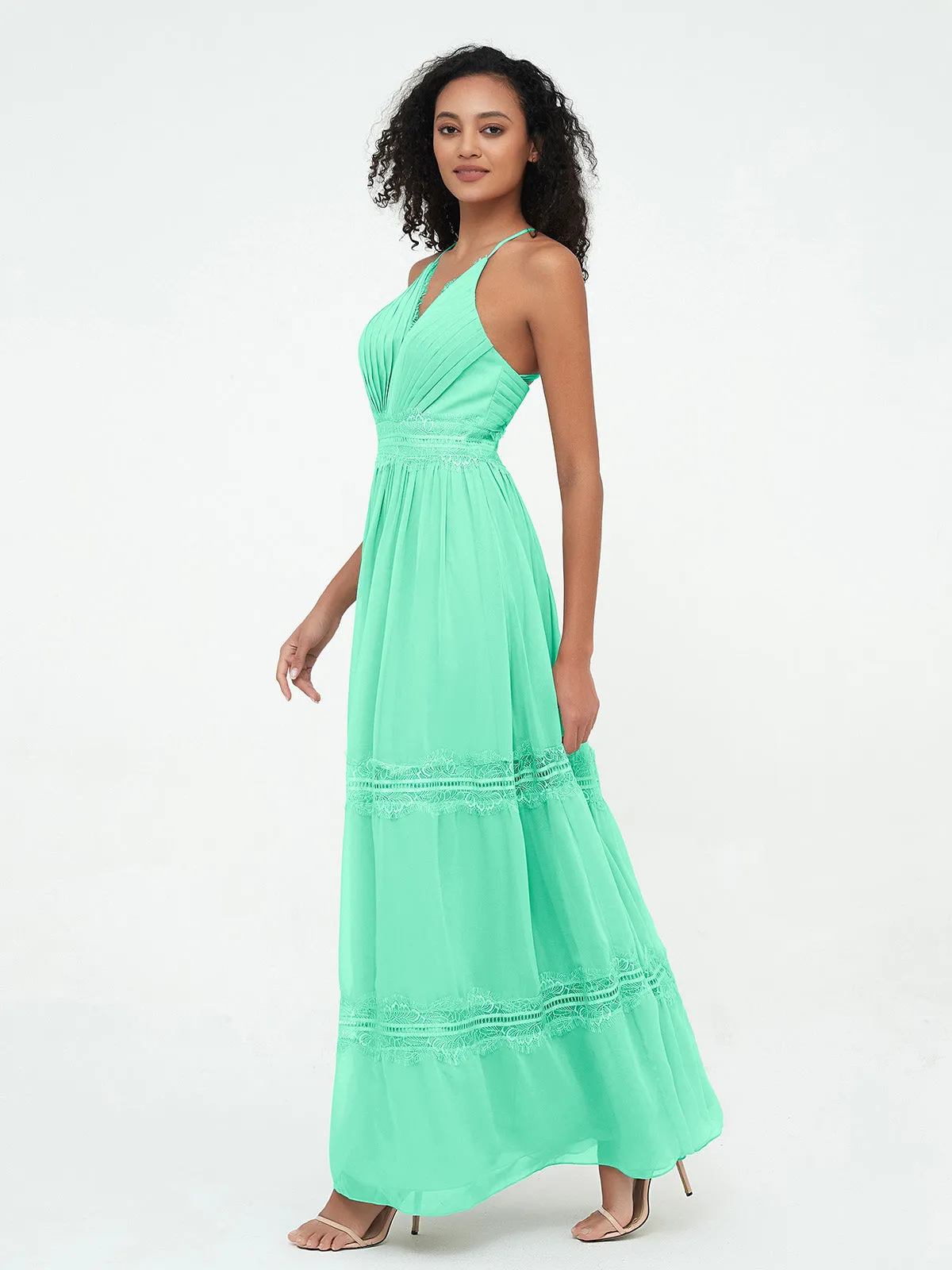 Boho Robes Jupe à Plusieurs Niveaux en Dentelle et Mousseline Turquoise