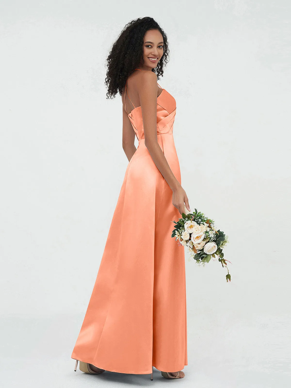 Bretelles Spaghetti Corsage Plissé Robes en Satin Papaye