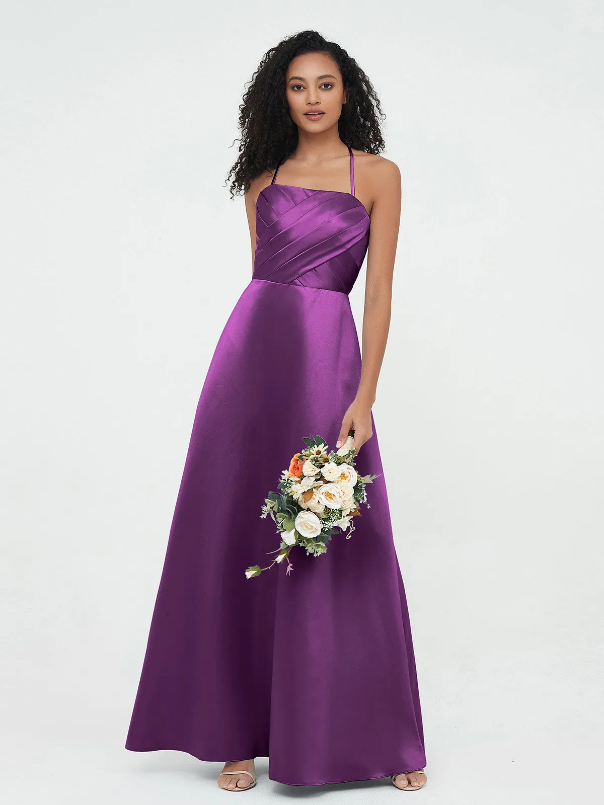 Bretelles Spaghetti Corsage Plissé Robes en Satin Raisin