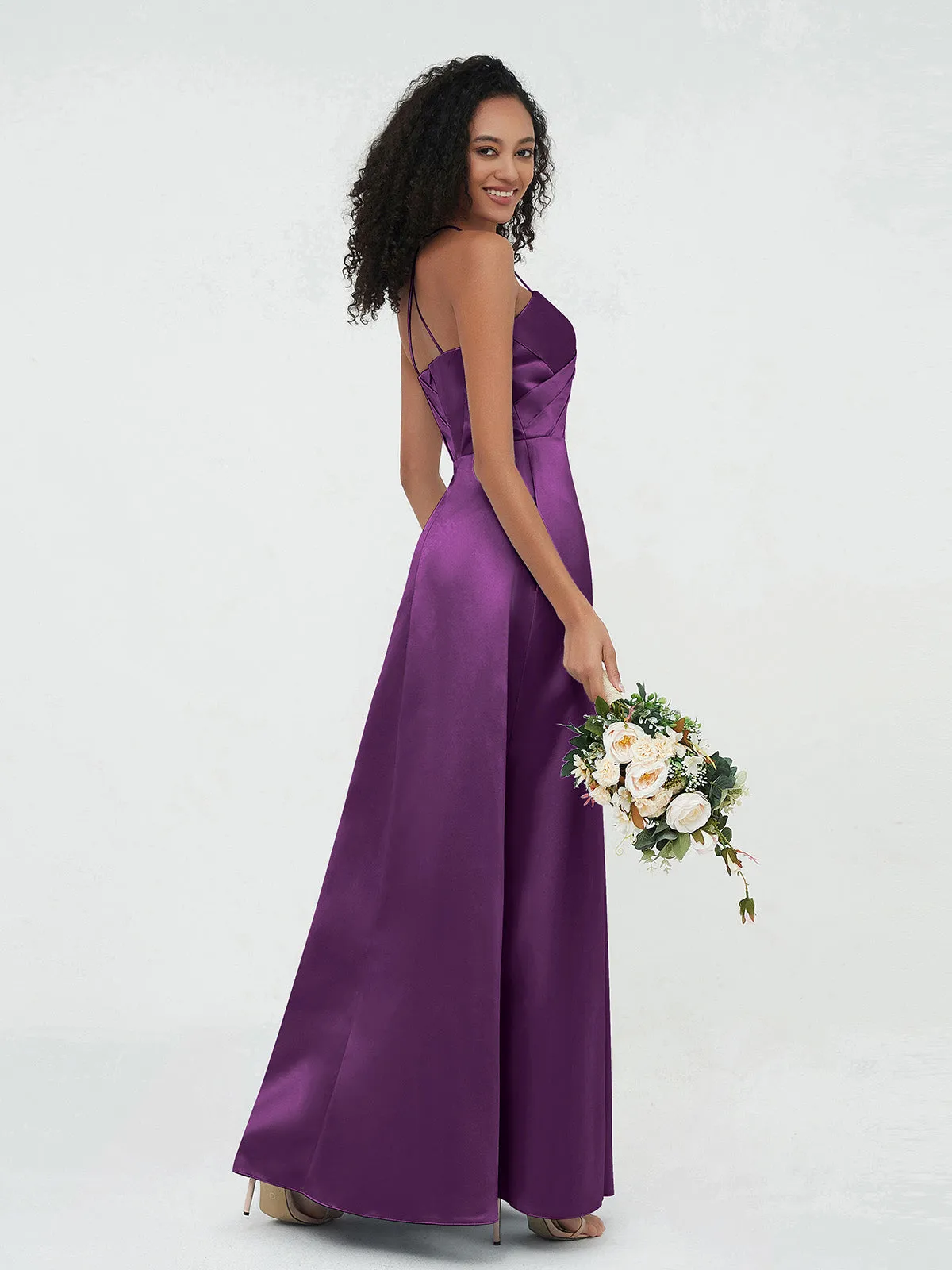 Bretelles Spaghetti Corsage Plissé Robes en Satin Raisin
