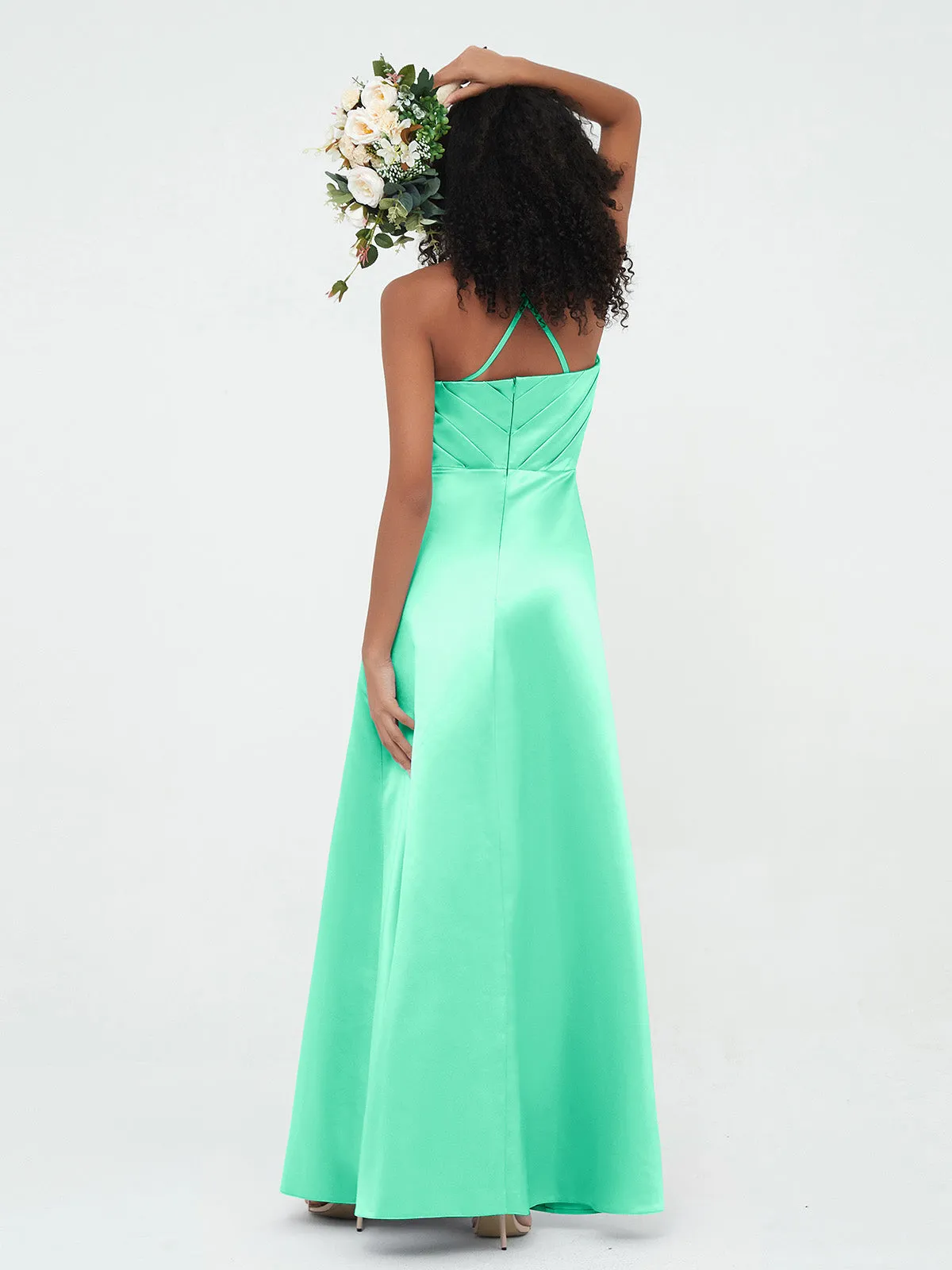 Bretelles Spaghetti Corsage Plissé Robes en Satin Turquoise