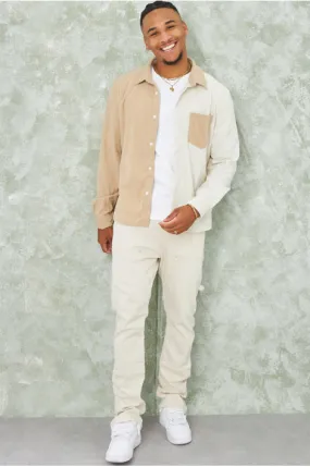 Chemise bicolore beige et écru en velours côtelé