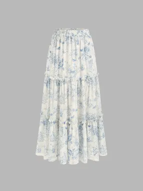 Jupe maxi à volants superposés et à ourlet à volants florale pour vacances à Santorin