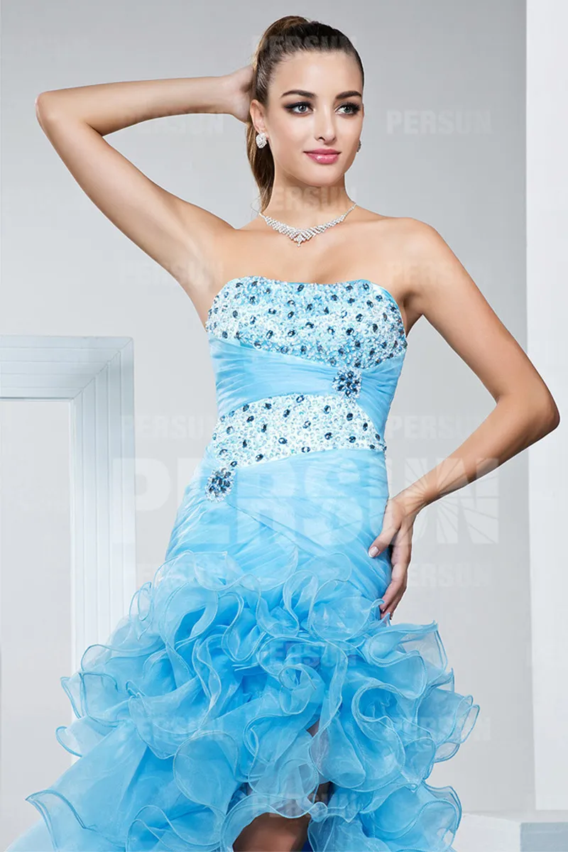 Magnifique Robe de bal bustier bleu à jupe volants
