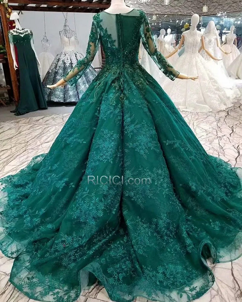 Manche Longue Élégant Perlage Boule Transparente Longue Tulle Robes De Bal Dentelle