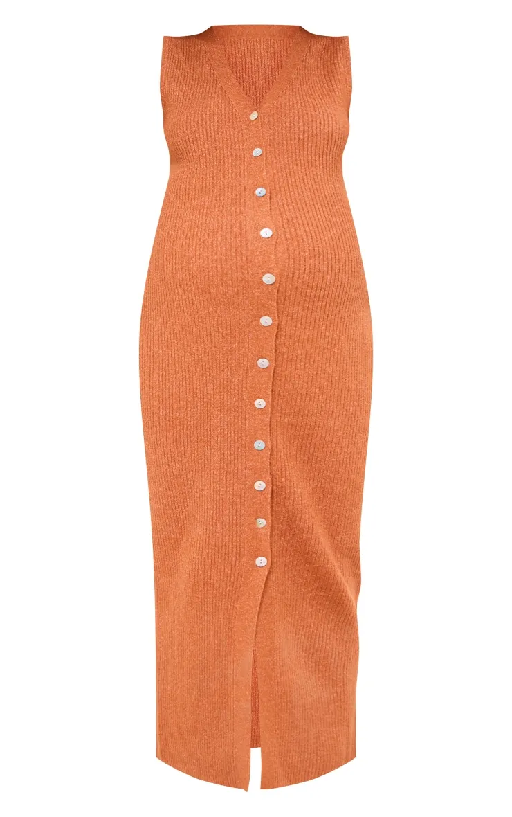 Maternité Robe de grossesse longue en maille tricot rouille sans manches à boutons