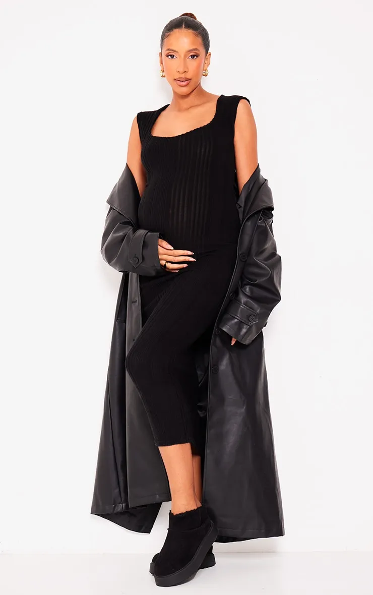 Maternité Robe de grossesse mi-longue côtelée brossée noire à col coeur