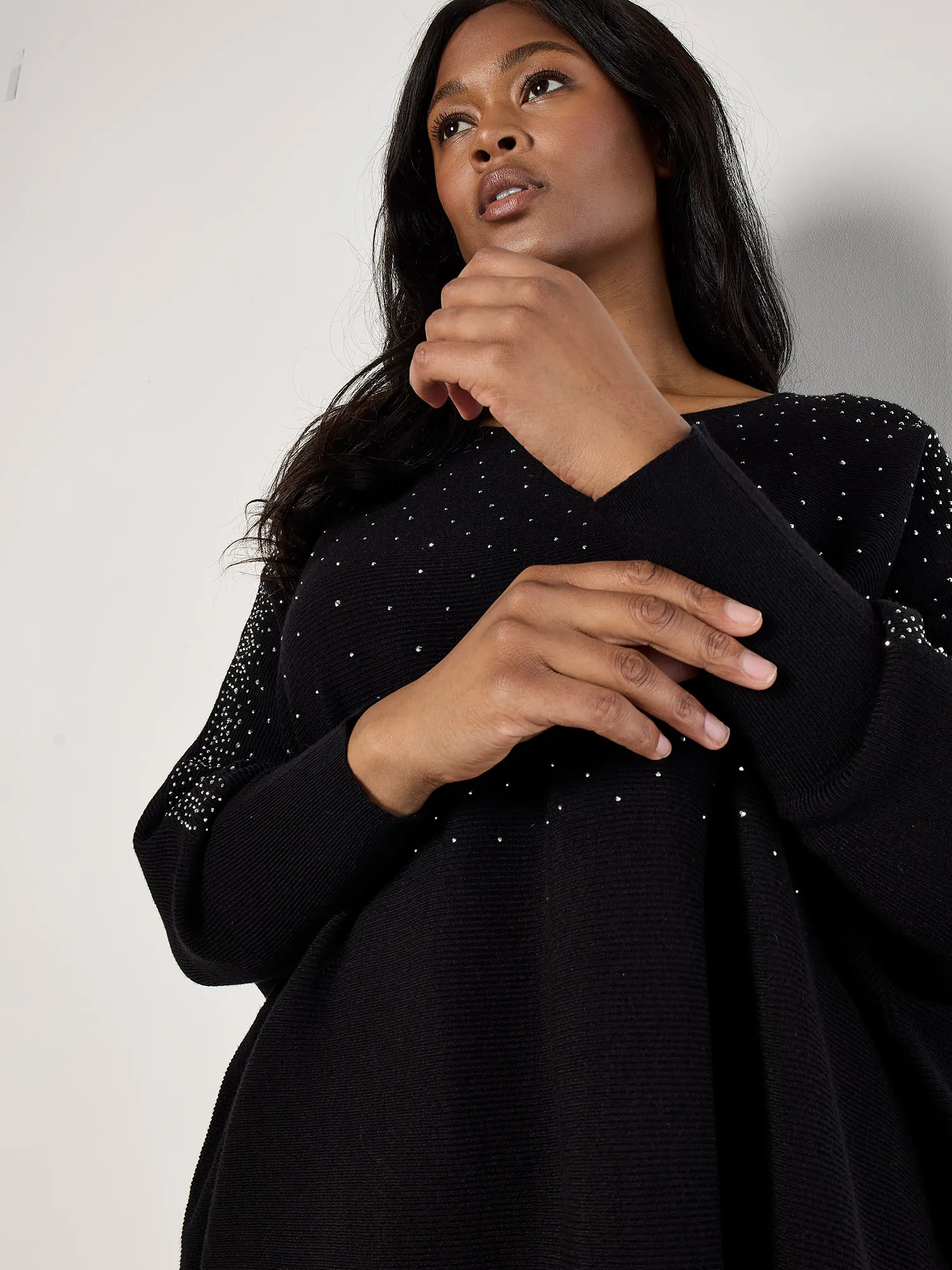 Pull Chauve-Souris Orné De Strass Curve Vêtements Apricot