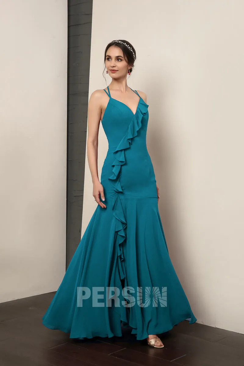 Robe de soirée fourreau mousseline bordeaux à volants