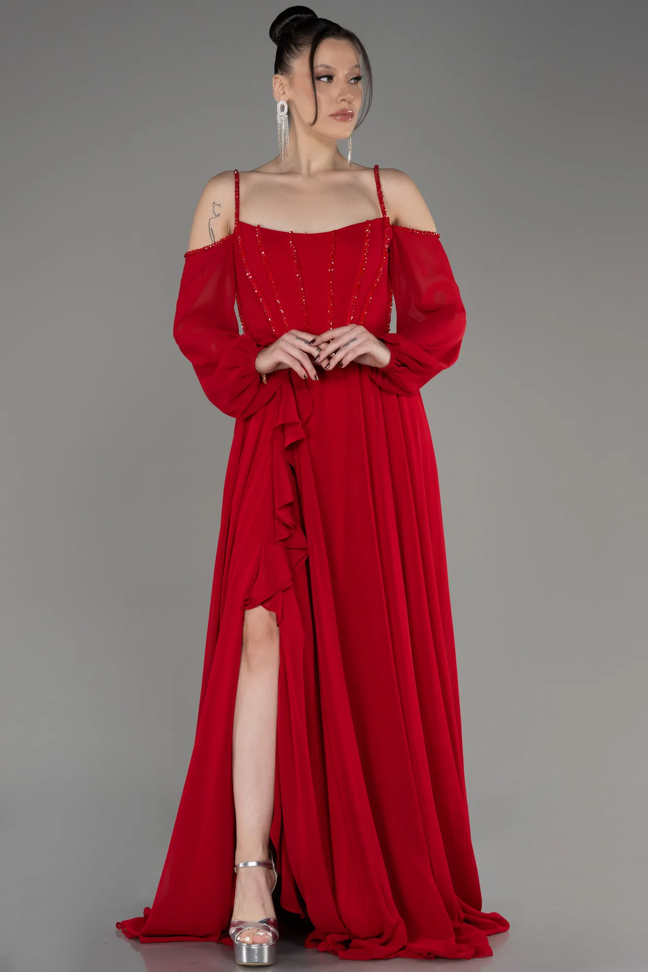 Robe de Soirée Longue Mousseline Kaki ABU3914