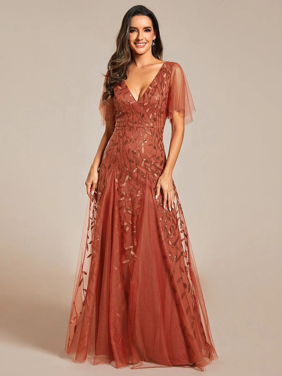 Robe de Soirée Longue Romantique et Scintillante à Col V et Pailletes