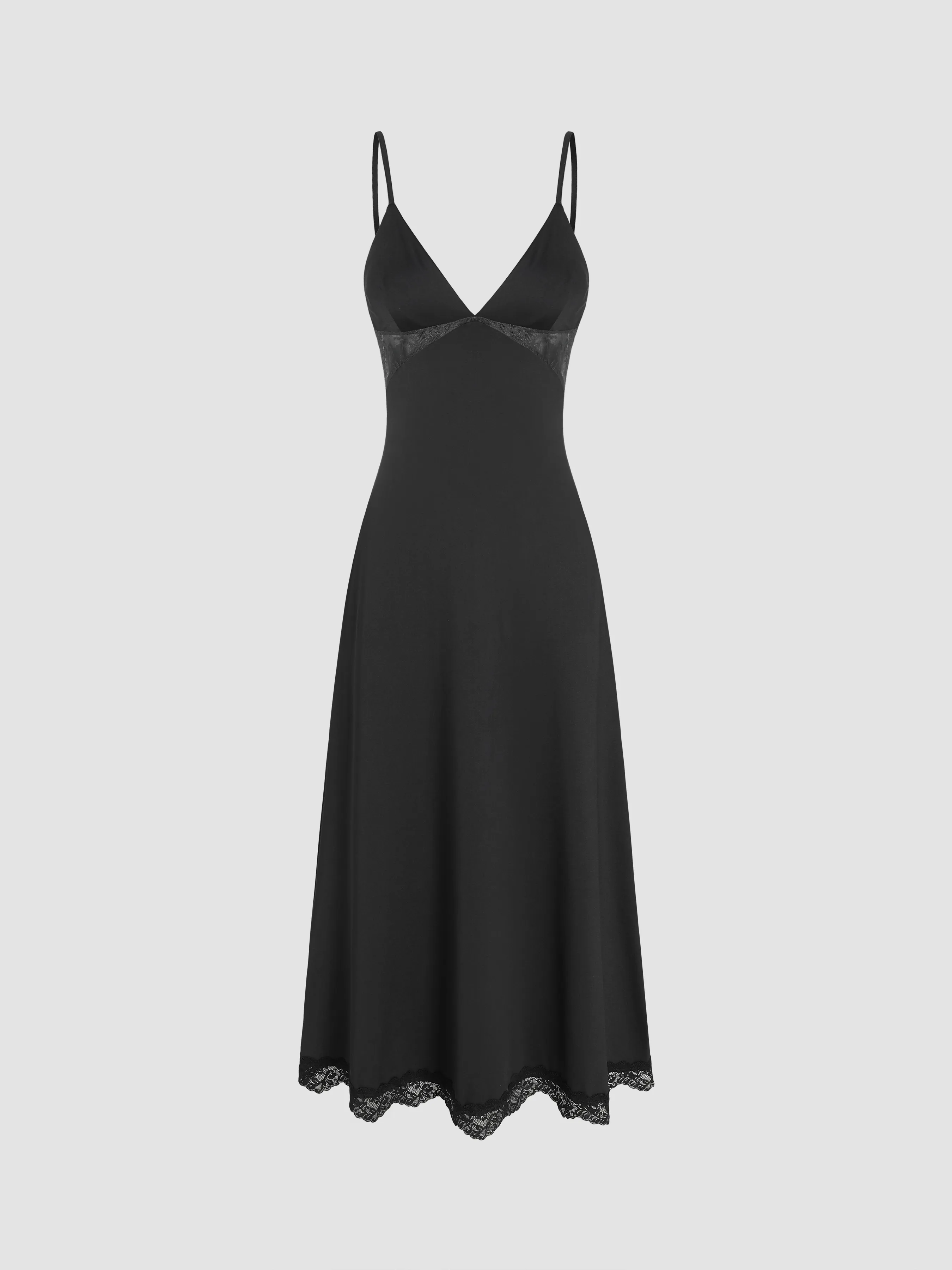 Robe midi en satin à col en V et ourlet en dentelle