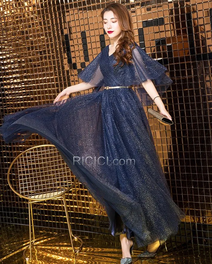 Robes De Soirée Robe De Bal Empire Demi Manche Brillante Bleu Marine Dos Nu Manche Cloche Glitter