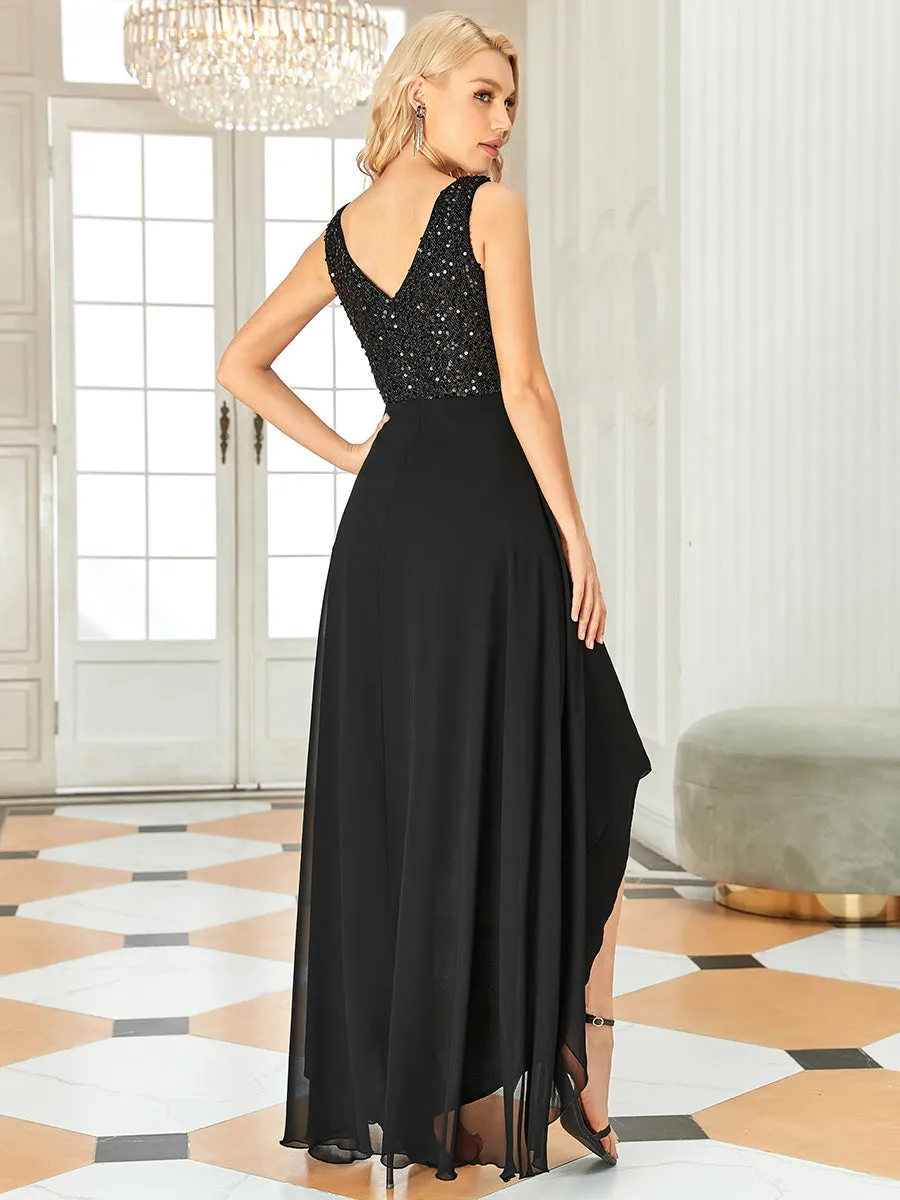 Robes de soirée sexy en mousseline de soie maxi haut-bas avec paillettes