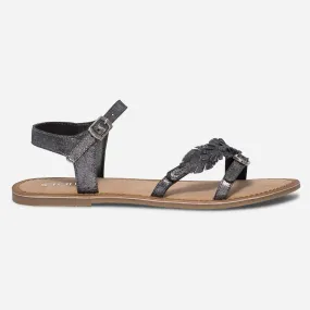 Sandale noire en cuir métallisé à feuilles - Sandales Enfant | ERAM