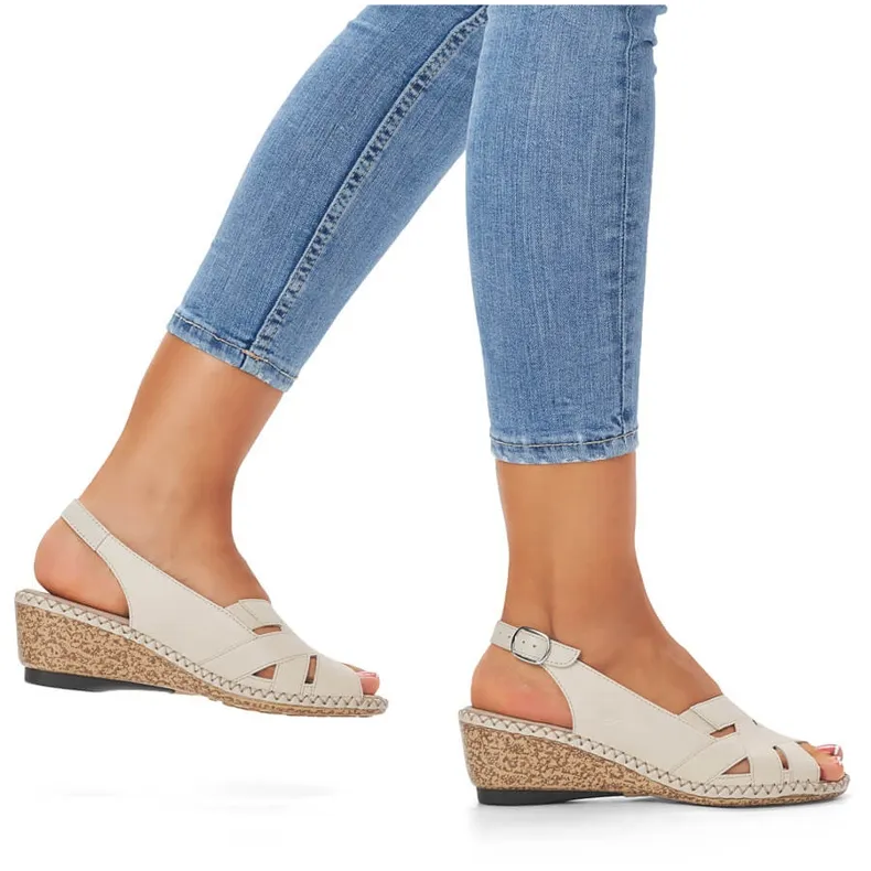 Sandales compensées confortables en cuir pour femmes, beige Rieker 66189-60