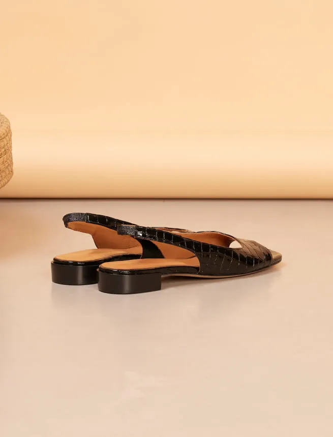 Sandales Plates en Cuir Noir Croco pour Femme - Modèle Noée