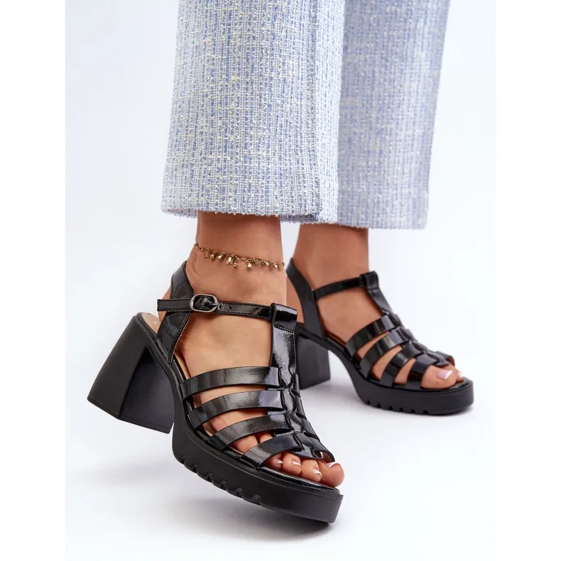 Vinceza Sandales en cuir verni à talon haut pour femme, Noir Aninifer le noir