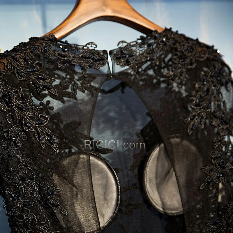 Évasée Longue Dos Nu Noire Sexy Robe De Bal Appliques Manche Courte Dentelle Robes De Soirée Robe Gala